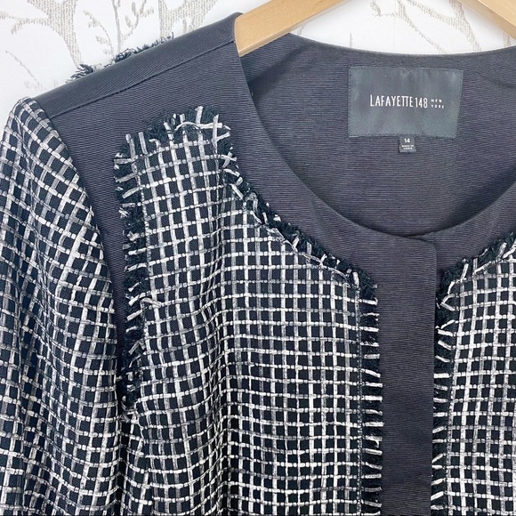 LAFAYETTE 148 NEW YORK Black Textured Tweed Grid Fringe Blazer Jacket 14 office - Picture 3 of 16